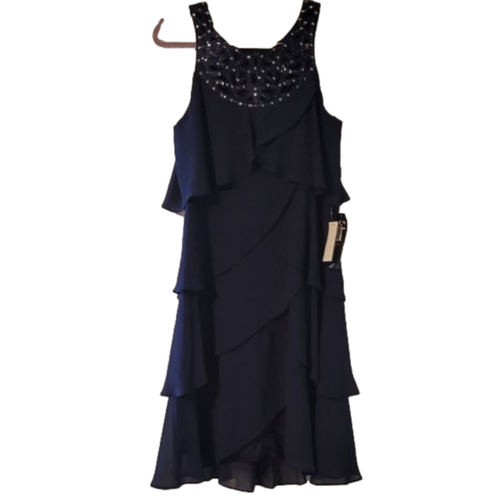 SL FASHIONS NAVY BLUE MISSY FLAPPER STYLE COCKTAIL DRESS-NWT - Picture 1 of 10